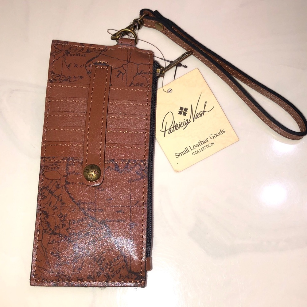 Patricia Nash Alanna Signature Map Print Leather Card Wallet Color Riot Rust NWT - Picture 8 of 16